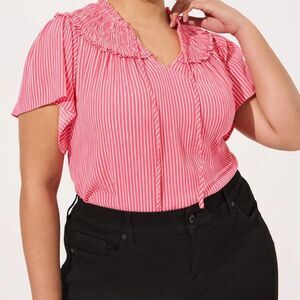 Torrid Striped Red & White Washable Gauze Smocked Yoke Ruffle Top 3X Stripes